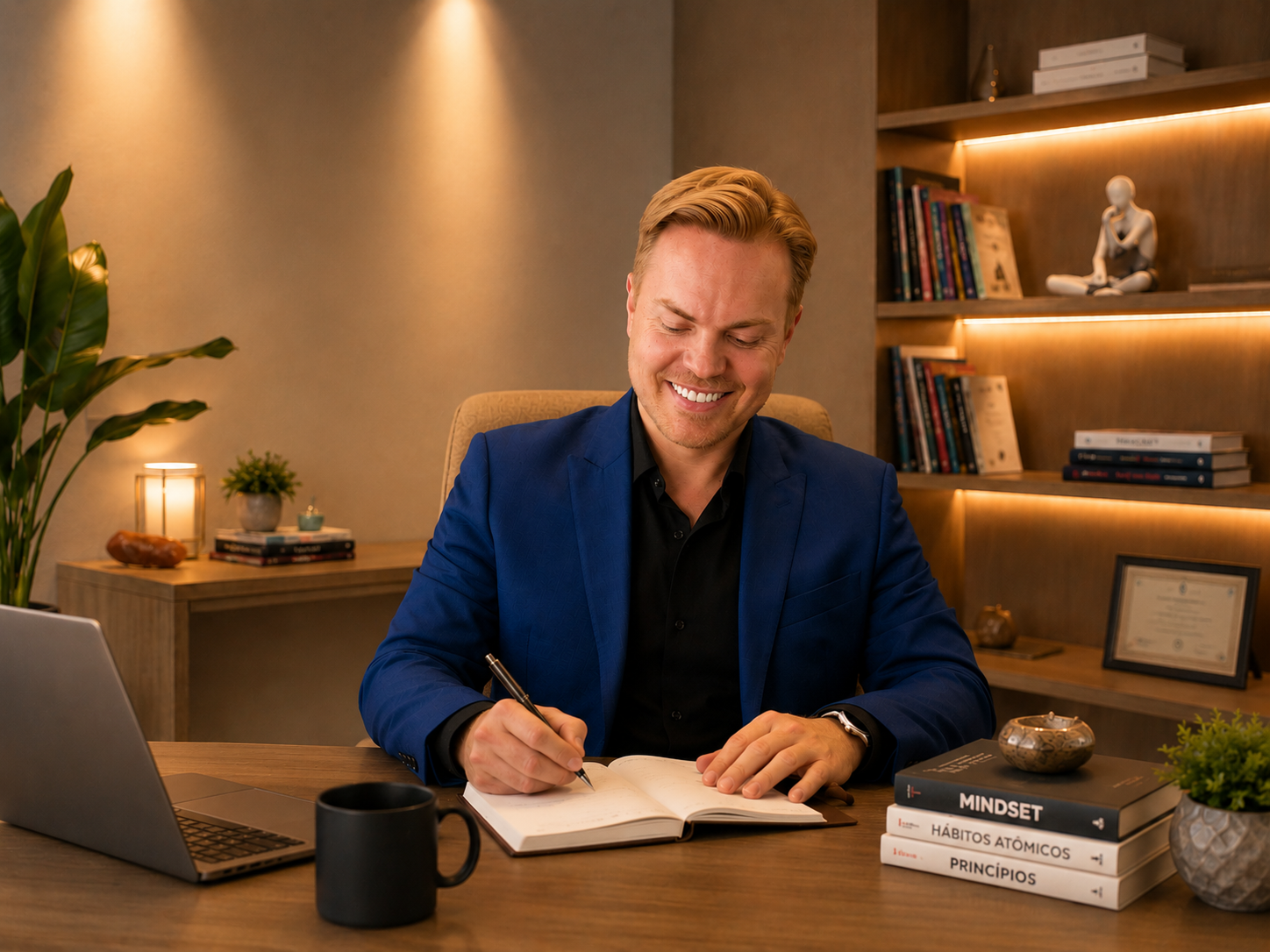 Osvaldo Beltramini sorrindo enquanto escreve em caderno, em sua mesa de trabalho.